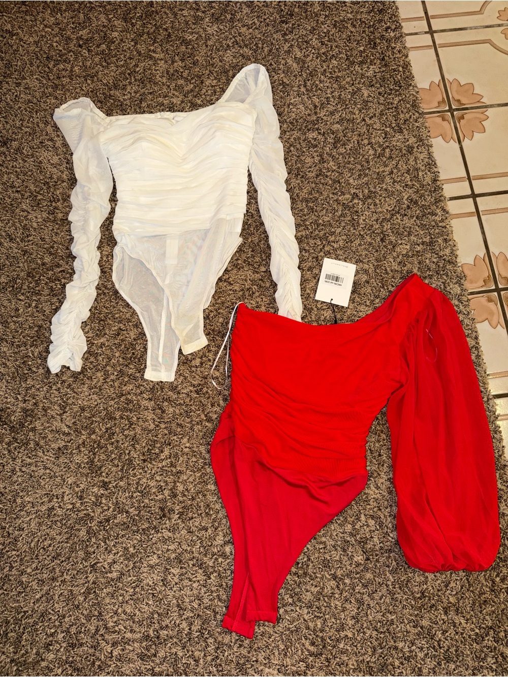 Hello Molly One-Shoulder Red Womens Bodysuit with Long Puff Sleeve